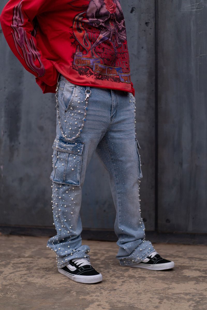 Paper Money Pearl Crystal Blue Denim Jeans